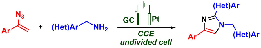 Применение электрического тока позволяет проводить реакцию без применения нерециклизуемых химических окислителей. Процесс проводился в условиях постоянного тока в экспериментально простой неразделенной электрохимической ячейке с платиновым катодом и стеклоуглеродным анодом. С помощью циклической вольтамперометрии и контрольных экспериментов был предложен возможный путь реакции. Предположительно, в ходе реакции из винилазида образуется 2H-азирин, который затем реагирует с бензил-амином и соответствующим имином. Циклизация и ароматизация полученного промежуточного соединения приводят к целевому имидазолу.
